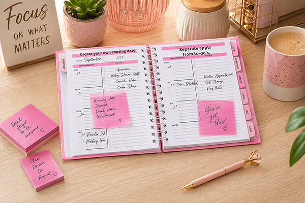 Open weekly planner with pink transparent sticky notes and tabs on a styled desk with coffee, pen, and decorative workspace accessories